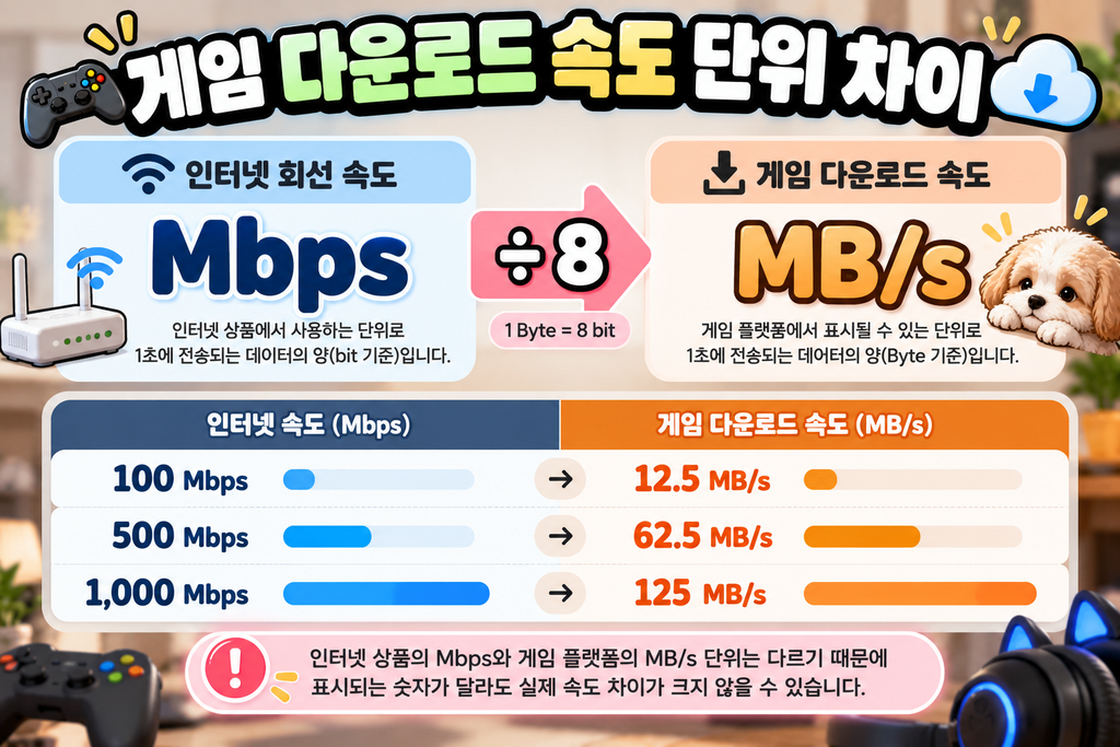 게임 다운로드 속도 Mbps와 MB/s 차이