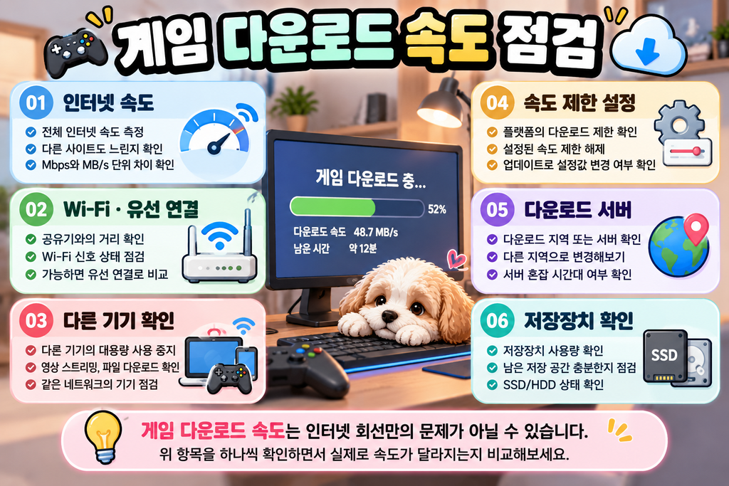 게임 다운로드 속도 느릴 때 점검 순서