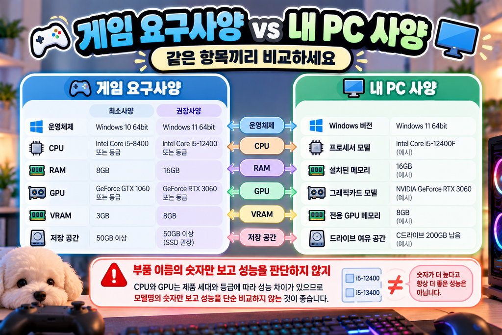 게임 사양 확인 게임 요구사양과 내 PC 사양 비교